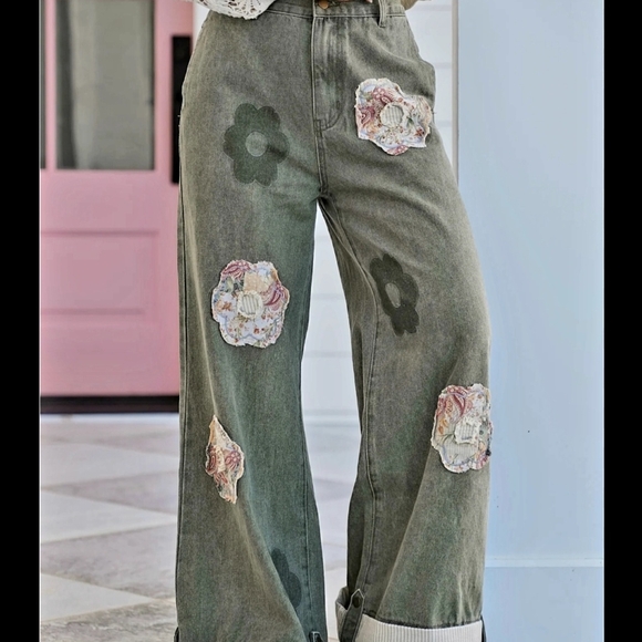 POL Pants - POL Green Floral Patchwork Wide Leg Pants